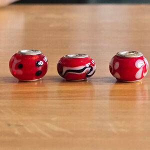Murano Glass Charm Bracelet Bead Spacer Silvertone Women's Red White Black